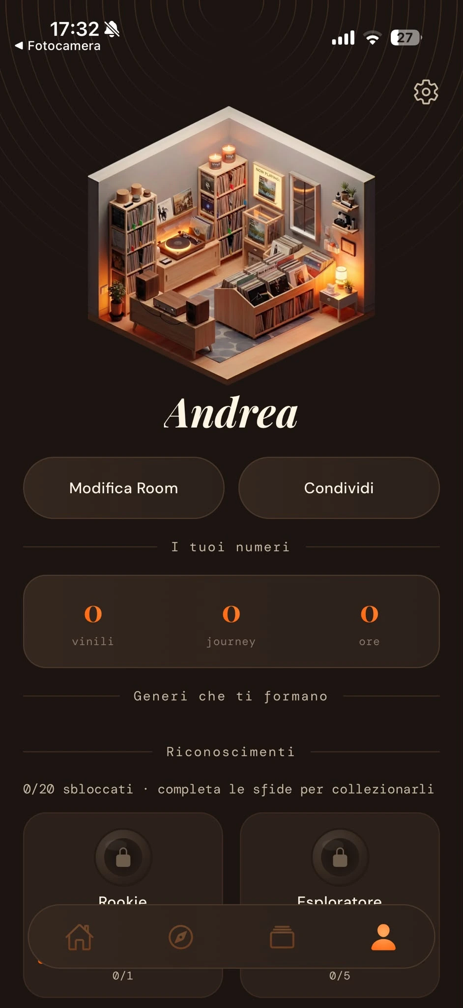 Il profilo della Room, con i numeri, i generi e il pulsante Condividi